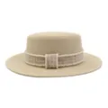 Detailansicht Damen Strohhut mit Tweed und Perlenband fuer sommerlichen Strand Outdoor Schutz. - kamelfarbenes Karo-Band / Beige