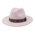 Roze wollen vilt fedora hoed met etnisch patroon lint, stijlvolle brede platte rand. - 58cm / Roze