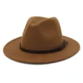 Detail view of brown felt fedora hat brim and dark leather strap accessory close up. - 58cm / Khaki