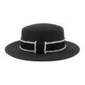 Schwarzer Damen Strohhut mit schwarzem Band und eleganter weißer Perlenborte für den Sommer. - Fischgrät-Band / Schwarz