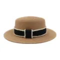 Damen Strohhut mit schwarzem Band und weißem Perlenbesatz für Sommer Strand und Sonnenschutz. - Fischgrät-Band / Khaki