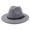 Clásico sombrero fedora de lana gris para mujer, ala ancha elegante con correa de cuero marrón. - 58cm / Gris claro