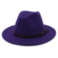 Purple felt fedora hat for women, elegant wide brim jazz hat with brown leather belt detail. - 58cm / Purple