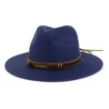 Stylish blue straw fedora hat for women, wide brim beach sun hat with decorative band. - Adjustable / Navy Blue