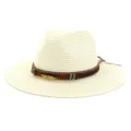 Detailed view of women's straw fedora hat, beige beach sun hat with decorative beaded band. - Adjustable / Cream