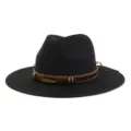 Black straw fedora hat for women, wide brim sun protection beach hat with decorative band. - Adjustable / Black
