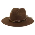 Brown straw hat detail featuring decorative band with feather pendant and beads for summer. - Adjustable / Coffee