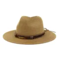 Woven straw fedora hat featuring a stylish brown decorative band with beads and a metal feather. - Adjustable / Khaki