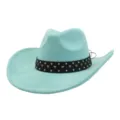 Detailed view of a stylish light blue suede cowboy hat with black rivet band for summer. - 58cm / Mint Green