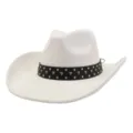 White suede cowboy hat featuring a studded black band, detailed view of texture and metal studs. - 58cm / Cream