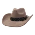 Detail of beige suede cowboy hat with black studded band for western fashion and daily wear. - 58cm / Dusty Pink