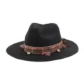 Black straw fedora hat with ethnic embroidered band, shells and tassels for summer beach. - Black
