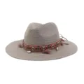 Summer straw sun hat with 7cm wide brim, ethnic embroidered band and tassel beach cap. - Gray