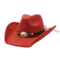 Detailed view of the red faux suede western cowboy hat with metal bull skull decor. - 58cm / Rust red