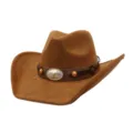 Close-up of brown faux suede western cowboy hat featuring metal bull skull buckle and band. - 58cm / Khaki