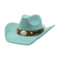 Detailed view of the turquoise suede western cowboy hat with decorative buckle and band. - 58cm / Mint Green