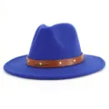 Blauer Woll-Fedora-Hut für Damen, elegante breite Krempe Jazz Kappe mit braunem Ledergürtel. - 58cm / Saphirblau