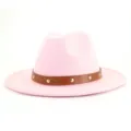 Rosa Wollfilz Fedora Hut für Damen stilvoller Jazz Hut mit breiter Krempe und Ledergürtel. - 58cm / Rosa