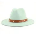 Mintgrüner Wollfedora Hut für Damen, eleganter Jazzhut mit braunem Lederriemen und Nieten. - 58cm / Mintgrün