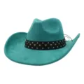 Turquoise suede cowboy hat detail, showcasing metallic stud and black band craftsmanship. - 58cm / Peacock Light Blue