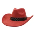 Close-up detail of the red suede cowboy hat featuring a stylish black studded decorative band. - 58cm / Rust red