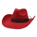 Detailed view of red suede cowboy hat with black studded band, perfect for spring and summer. - 58cm / Red