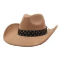 Classic suede cowboy hat with studded black band for men and women stylish outdoor wear. - 58cm / Camel