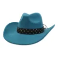 Turquoise suede cowboy hat with black studded band stylish wide brim fedora for outdoor travel - 58cm / Peacock Dark Blue