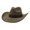 Detailed view of the suede western cowboy hat featuring a black studded band and wide brim. - 58cm / Army Green