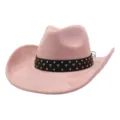 Pink suede cowboy hat detail, western style with black studded band and wide brim. - 58cm / Pink