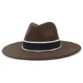 Brown suede wide brim fedora hat detail featuring elegant white beaded trim and black band. - M (56-58cm) / Coffee