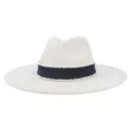 Detail view of the elegant suede fedora featuring a dark blue band with white beads. - M (56-58cm) / Beige