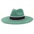 Green suede wide brim fedora hat with chic black band and white bead trim details. - M (56-58cm) / Green