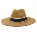 Sombrero fedora de ante marrón con cinta negra y cuentas blancas ala ancha para mujer. - M (56-58cm) / Caqui