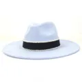 Light blue suede fedora hat for women with black band and white seed beads wide brim style. - M (56-58cm) / Sky Blue