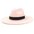 Detail view of the pink suede fedora hat featuring a chic black band with delicate white beads. - M (56-58cm) / Dusky Pink