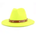 Neongrüner Woll Fedora Hut für Damen, breite flache Krempe Jazz Kappe mit Lederriemen Nieten. - 58cm / Neongelb