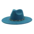 Teal suede fedora hat detail, featuring metallic chain and black ribbon band, stylish wide brim. - 58cm / Peacock Dark Blue