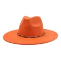 Orange wide brim suede fedora hat with stylish black gold chain band, classic jazz cap. - 58cm / Orange