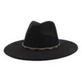 Black fedora hat with gold chain detail, stylish wide brim felt hat for men and women fashion. - 58cm / Black
