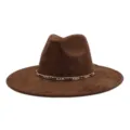 Brown suede fedora hat detail, wide flat brim jazz cap with metallic chain and black ribbon band. - 58cm / Coffee