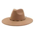 Camel suede fedora hat with black and gold chain band, stylish wide brim jazz hat for adults. - 58cm / Camel