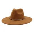 Brown suede fedora hat with chain detail, detail view showing texture and craftsmanship. - 58cm / Khaki