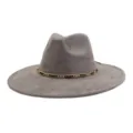Grey suede fedora hat for men and women, wide brim jazz cap with chic metal chain detail. - 58cm / Charcoal Grey