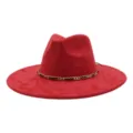 Red suede fedora hat with a stylish gold and black chain band. Wide flat brim jazz hat. - 58cm / Red