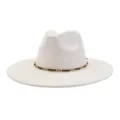 Detailed view of off-white felt fedora hat, featuring a chic black and gold chain band trim. - 58cm / White