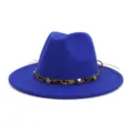 Chapeau fedora en laine bleue avec bande imprimé léopard étoiles métalliques large bord plat. - 58cm / Bleu Saphir