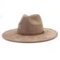 Khaki suede fedora hat detail showing wide brim and braided leather belt decoration. - M (56-58cm) / Dusty Pink