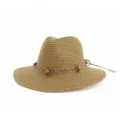 Chapeau de paille tressée pour femme, élégant fedora avec ruban floral, idéal pour l'été. - Kaki