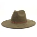 Detailed view of army green suede fedora hat with brown braided strap, wide brim design. - M (56-58cm) / Dark Army Green